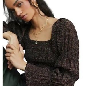 Anthropologie Metallic Square Neck Smocked Top